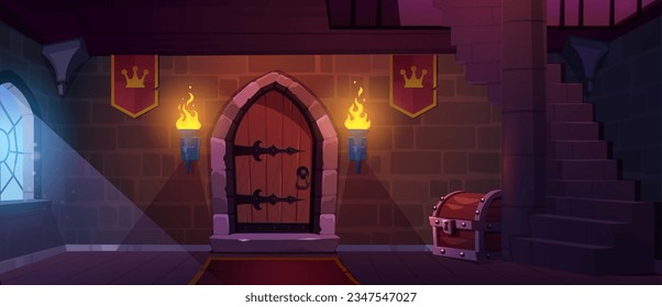 Game medieval wooden castle door to prison cartoon background. Fire with torch on wall, treasure chest and gate with stone brick masonry ancient interior. Vintage fortress with stairs and column