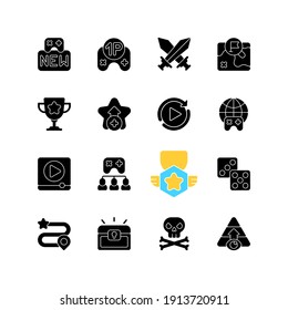 Game menu black glyph icons set on white space. Videogame interface silhouette symbols. Computer and mobile gaming signs. Electronic entertainment, popular pastime. Vector isolated illustrations