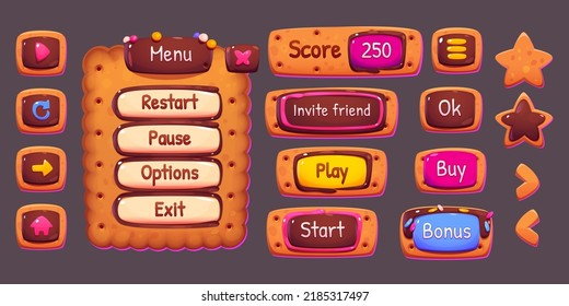 Game menu board and buttons with cookie and chocolate texture. Vector cartoon set of sweet biscuit panel, play, start, score banner and icons in shape of star and arrows