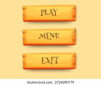 Interfaz de Botones de menú del juego con textura de tablones de madera. jugar, menú, salida de Botón de juego Diseño de interfaz de usuario. Vector
