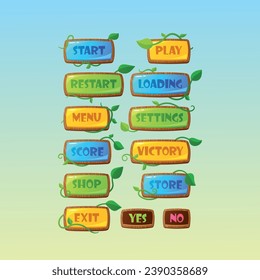 Game Menu Interface Buttons, Colorful Boards Start, Restart, Score, Shop and Exit. Play, Loading, Settings or Victory