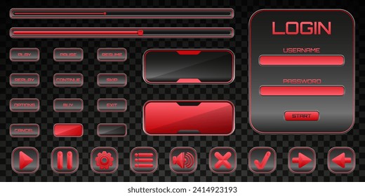 Game Menu Interface Buttons and Panels GUI Elements Set with Metal and Red Border for Game UI Designs