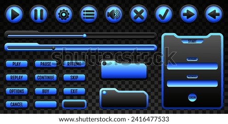 Game Menu Interface Buttons and Panels GUI Elements Set with Black and Neon Blue Border for Game UI Designs