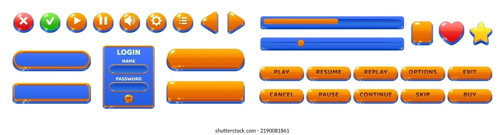 Interfaz de menú de juego, botones ui. Elementos gui brillantes de dibujos animados, barra de progreso, panel de configuración del usuario, deslizador, estrella, corazón, pausa y flechas inicio de sesión y contraseña color azul y naranja, conjunto de iconos vectores