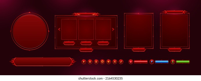 Game menu interface ui elements, buttons, progress bars, settings, login and password board. Gui user panel with sliders, keys, red glowing design with devil horns and hell fire flames Vector graphics