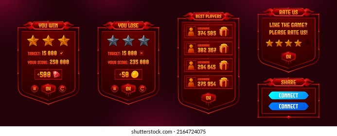 Game menu interface ui elements, settings and boards. You win and lose, best player, rate us frames. Gui user panel with buttons, red glowing design with user information and rewards, Vector graphics