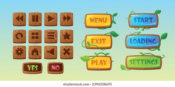 Game Menu Interface, Wooden Board With Buttons Restart, Loading, Play, Settings And Exit. Cartoon Vector Ui Or Gui