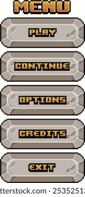 Menu de jogo em pixel art e estilo de 8 bits composto de botões de pedra com opções como Jogar, Continuar, Opções, Créditos e Sair