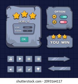 Game menu scene for status of money, power, and collectible items. It can be used for all types of games such as adventure, racing, RPG, shooting games and other types of games. Vector illustration