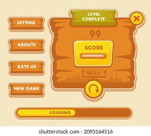 Game menu scene for status of money, power, and collectible items. It can be used for all types of games such as adventure, racing, RPG, shooting games and other types of games. Vector illustration