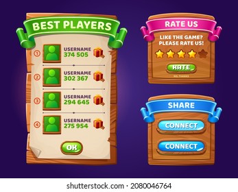 Game menu, wooden gamer ui panel with buttons, cartoon interface with gui elements. Best players, rate us, share and connect wood boards with user profiles, rating stars, banners isolated vector set