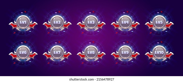 Game metal badges with level number. Vector cartoon set of silver achievement rank emblems with frame of bat wings, round labels of game level isolated on background