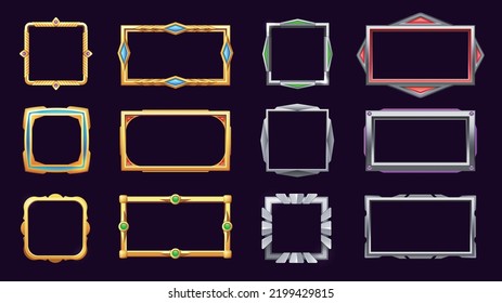 Game metal frame. Golden silver bronze UI RPG buttons, fancy empty border user interface sprite graphic, web mobile game asset items. Vector isolated set. Royal metal framing with jewels - Shutterstock ID 2199429815