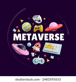 Juego metaverso 3D de estilo plástico póster de Vector. Controlador de consola de juegos, joystick, gafas de realidad virtual, cohete y planetas flotando en el espacio cósmico. Universo de juegos, entretenimiento digital