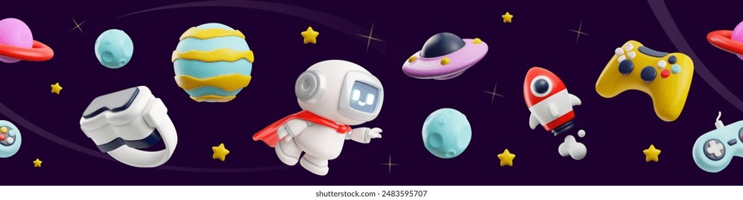 Game metaverse theme. Seamless vector 3D illustration with starry sky, planets, spaceship, joystick, UFO and robot. Ideal for wallpaper and textiles. Abstract cartoon style.