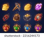 Game mining props icons dynamite, golden crowns, coins, money bag, pickaxe and crystal, trolley with gold ingots, dynamite and lantern gui design elements. Game assets, mine items Cartoon vector set