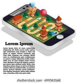 Game as a mobile application. Isometric. Vector illustration.