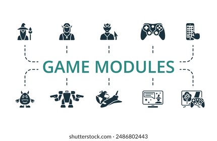 Game modules icons set. Creative icons: magician, elf, devil, gamepad, mobile game, monster, war robot, spaceship, game assistant, gameplay.