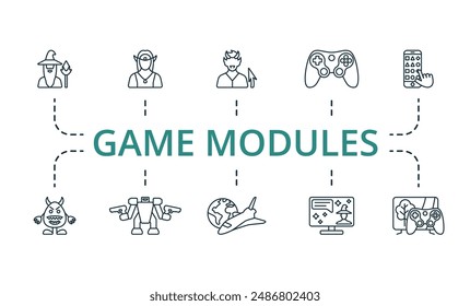 Game modules outline icons set. Creative icons: magician, elf, devil, gamepad, mobile game, monster, war robot, spaceship, game assistant, gameplay.