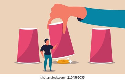 Game money with cup and guess reveal chance win. Fraud gambler and magic trick hide lose vector illustration concept. Business shell and strategy winner. Gambling businessman and predict dollar bet