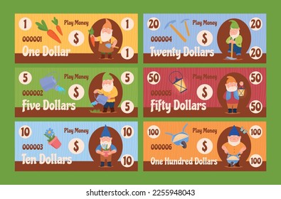 Game money gnomes childish monopoly banking gaming financial entertainment set vector flat illustration. Bank cash finance kids playing payment fairy tale bearded character magic fantasy creature