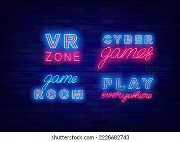 Game neon labels collection. Good game sign. VR zone emblem. Play everywhere. Virtual reality badges set. Shiny banners. Vector stock illustration