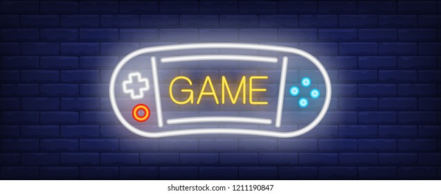 Game neon text with portable videogame console. Computer games and entertainment advertisement design. Night bright neon sign, colorful billboard, light banner. Vector illustration in neon style.