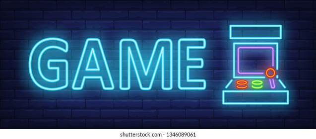 Game neon text with retro arcade game machine. Video game and entertainment design. Night bright neon sign, colorful billboard, light banner. Vector illustration in neon style.