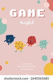 Game night invitation template, trivia quiz event. Vector cute cartoon style illustration of kawaii happy dancing dices.