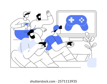 Game night isolated cartoon vector illustrations. Young people have fun and play video games together, hold joystick in hands, indoor activity, male friends entertainment at home vector cartoon.