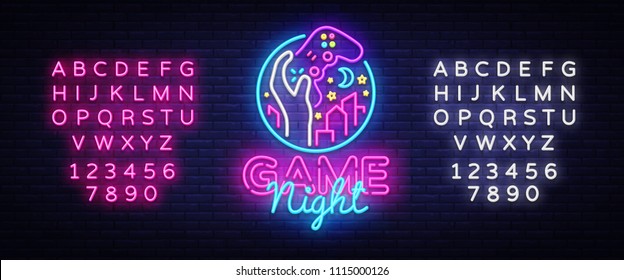 Game Night neon sign logo design template. Game night logo in neon style, gamepad in hand, video game concept, modern trend design, light banner, bright advertisement. Vector. Editing text neon sign