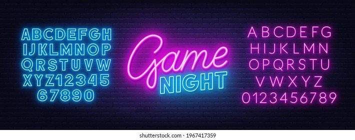 Game night neon sign on brick wall background. Neon blue and pink alphabet.