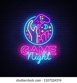 Game Night neon sign Vector logo design template. Game night logo in neon style, gamepad in hand, video game concept, modern trend design, light banner, bright nightlife advertisement. Vector