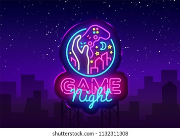 Game Night Neon Sign Vector Logo Design Template. Game Night Logo In Neon Style, Gamepad Hand, Video Game Concept, Modern Trend Design, Light Banner, Bright Nightlife Advertisement. Vector Billboard