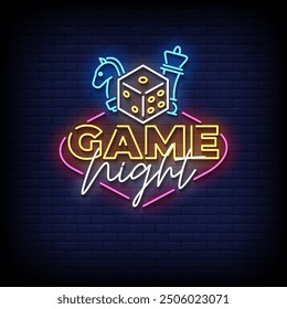 game night neon sign vector with brick wall background 
