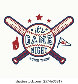 It's game night slogan, Hand drawn sketch of ball and bat with motivational typography isolated on white background, Baseball t-shirt design vintage typography, Sketch of ball and bat, Sports vector