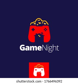 Game Night symbol vector illustration a combination of popcorn snack, game pad and house at night concept
