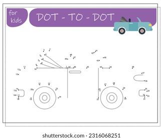 A game with numbers, an educational game from point to point for children, cartoon cars. Vector illustration
