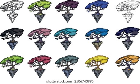 Game object 2D Set tree drawing  cartoon item color and line art. Coloring page children clip art colorful Tree on flying island black blue green pink red foliage Turquoise, purple plant multicolored