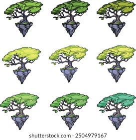 Game object bonsai 2D Set tree drawing contour cartoon item line art Coloring page children clip art colorful Tree flying island green foliage yellow plant Cute Japanese style landscape asset element