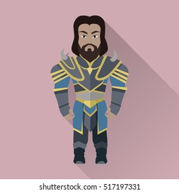 Game object of knight in steel medieval armor with crown. Character stand in front. Stylized fantasy characters. Game object in flat design on game background. Vector illustration.
