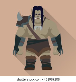 Game object of orc. Orc warrior with black hair and armors in front. Stylized fantasy characters. Game object in flat design. Vector illustration.