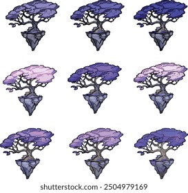 Game object sakura 2D Set tree drawing contour cartoon item line art Coloring page children clip art colorful Tree flying island purple foliage violet plant Cute Japanese style landscape asset element