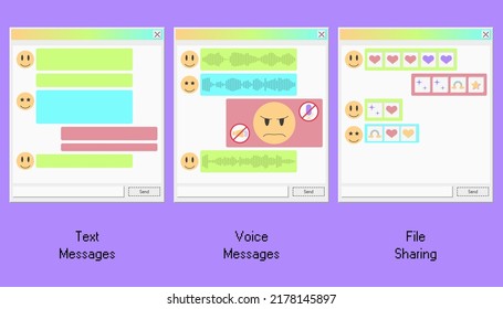 Game old PC aesthetic design for messanger app with retro UI. Bubble speech with text, voice and media sharing. Flat vector illustration with no voice chat.