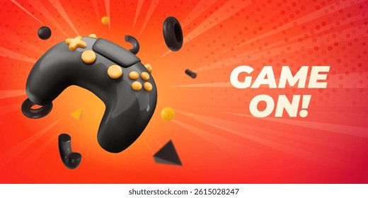 Game On 3D Gaming Controller With Dynamic Elements On Red Background, Perfect For Esports, Streaming, And Tournaments Promotion. Modern And Fun Design. Vector Illustration.