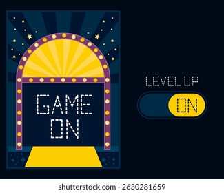 Game On Arcade Arch with Level Up Switch Illustration for Gaming Themes in Vibrant Colors for Party Decor and Gamer Event Designs