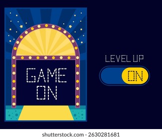 Game On Arcade Sign with Level Up Switch Vector for Gaming Themes in Vibrant Colors for Party Decor and Gamer Event Designs
