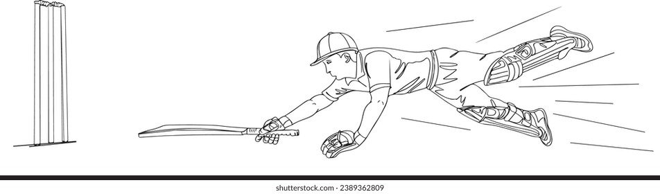 Game On: Cartoon Cricket Batsman in Run-Out Action, Cricket Escape: Batsman Diving to Avoid Run Out Cartoon, Run-Out Tactics: Cartoon Cricket Game Vector Graphic