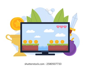 Game on computer screen. Video game or arcade with 8 pit pixilated graphics. Entertainment and fun, leisure. Level with golden coins and hearts. Flat vector illustration