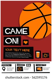 Game on! (Flat Style Vector Illustration Basketball Poster Design) Event Invitation with Venue and Time Details
